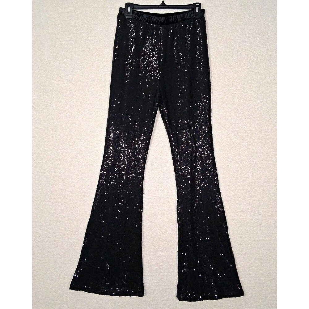 Black Sequin Flare Pants Women's Sz L Disco Party Evening Event Glam Holiday Fun